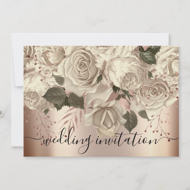 Bridal Wedding Rose Ivory Roses Wreath Sepia Invitation (Front)