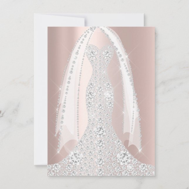 Bridal White Dress Spark Rose Pink Rose Diamond Invitation (Back)