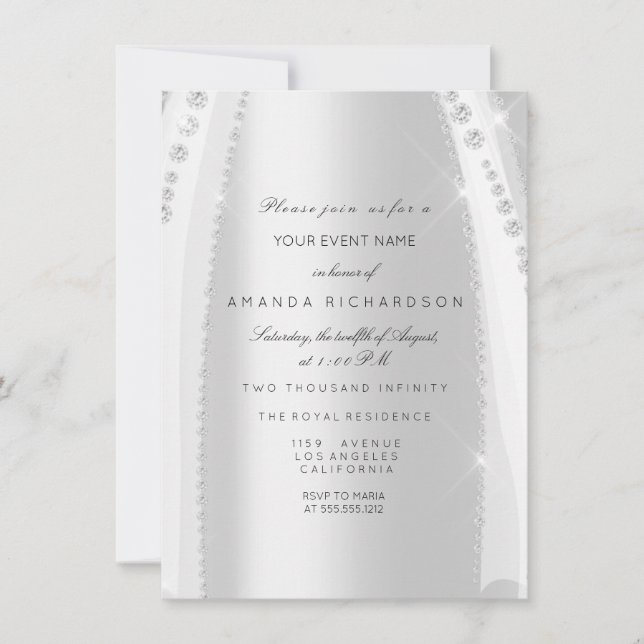 Bridal White Dress Spark Rose Silver Gray Diamond Invitation (Front)