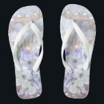 Bridal White Gold Pink Elegant Flip Flops<br><div class="desc">Wedding party gift. Bridal elegant white gold pink pearls purple floral print design wedding shoes. Comfortable custom typography summer beach flip sandals for bride. Text can be personalized. Image copyright Marg Seregelyi Photography.</div>