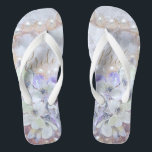 Bridal White Gold Pink Elegant Flip Flops<br><div class="desc">Wedding party gift. Bridal elegant white gold pink pearls purple floral print design wedding shoes. Comfortable custom typography summer beach flip sandals for bride. Text can be personalized. Image copyright Marg Seregelyi Photography.</div>