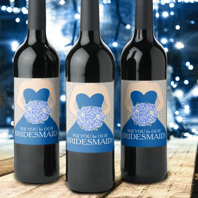 Bridal will you be our bridesmaid blue wine labels (Creator Uploaded)
