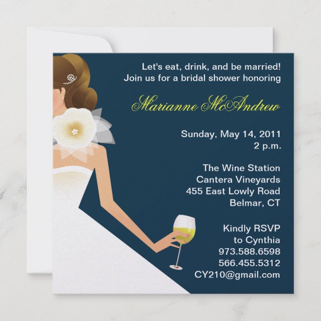 Bridal wine brunette on navy invitation (Front)