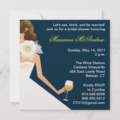 Bridal wine brunette on navy personalized invite