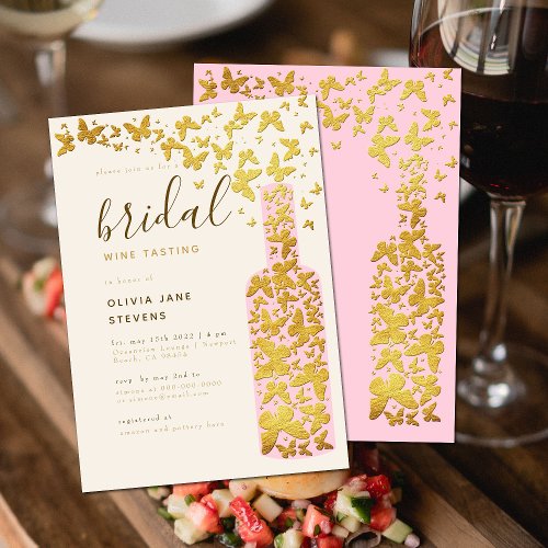 Bridal Wine Party Pink Bottle Gold Butterflies Invitation