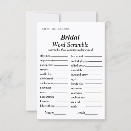 Bridal word scramble bridal shower game card