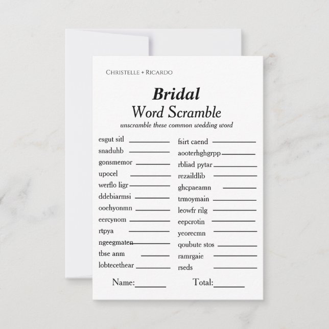 Bridal word scramble bridal shower game card (Front)