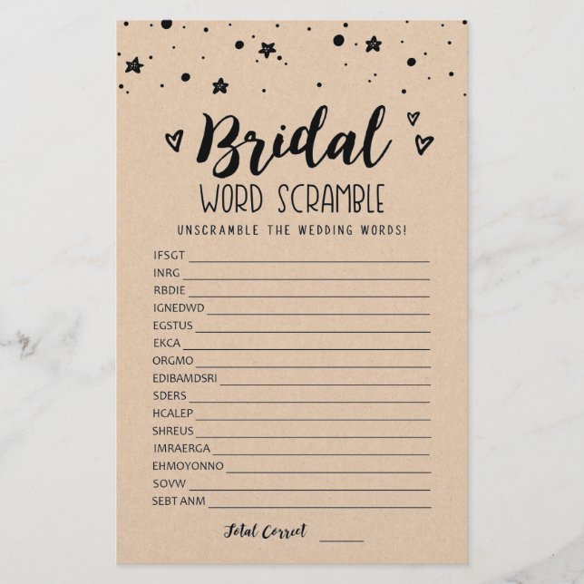 Bridal word scramble game with Answers (Front)