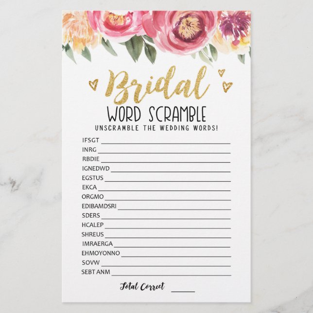 Bridal word scramble game with Answers (Front)