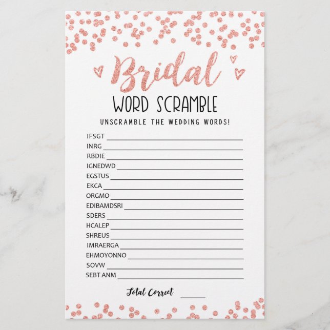 Bridal word scramble game with Answers (Front)