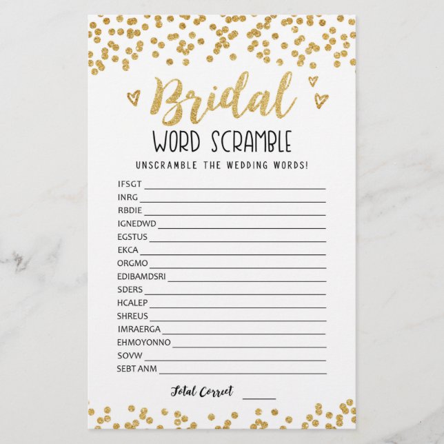 Bridal word scramble game with Answers (Front)