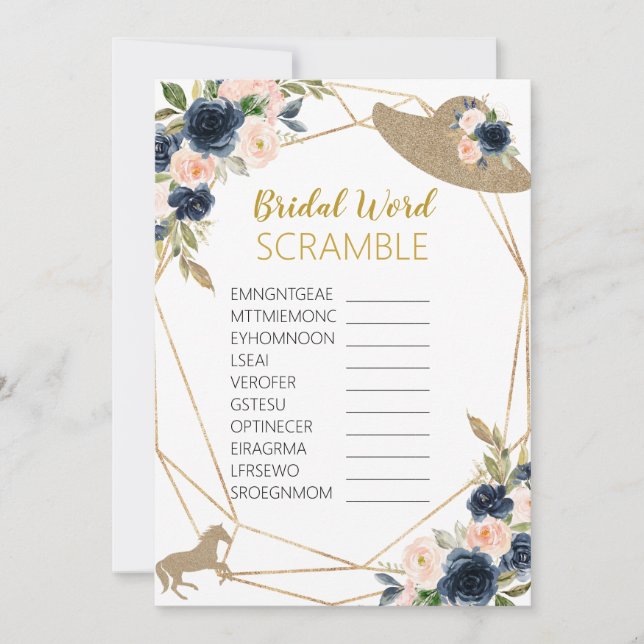 Bridal Word Scramble Horse Race Hat Theme Game Invitation (Front)