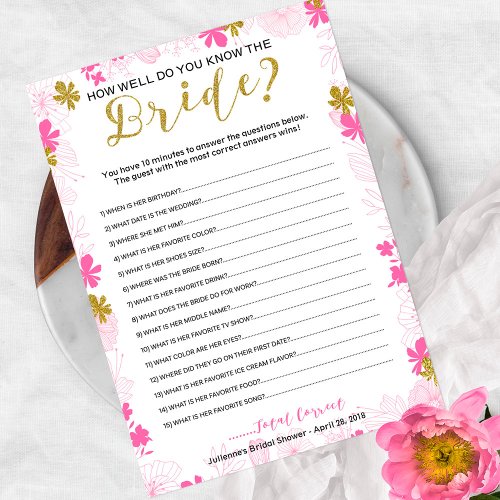 Bridal Word Scramble  Pink Gold Floral Invitation