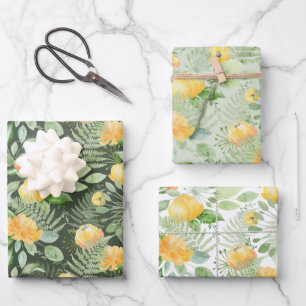 Bridal Yellow Peonies and Green Ferns Wrapping Paper Sheets