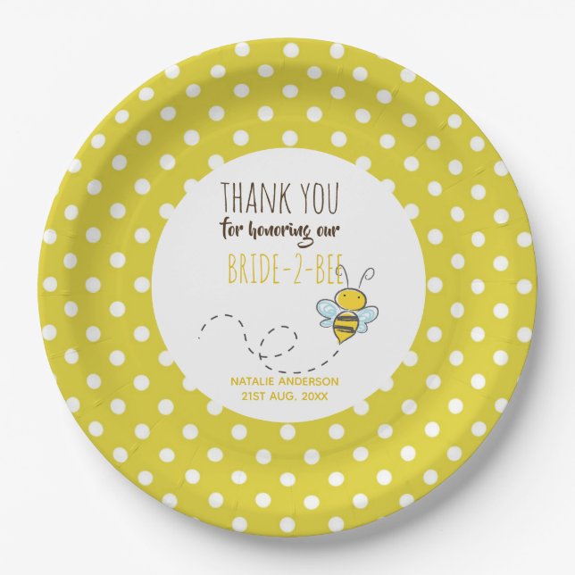 Bride 2 BEE Cute Yellow Polkadot Bridal Shower Paper Plates (Front)