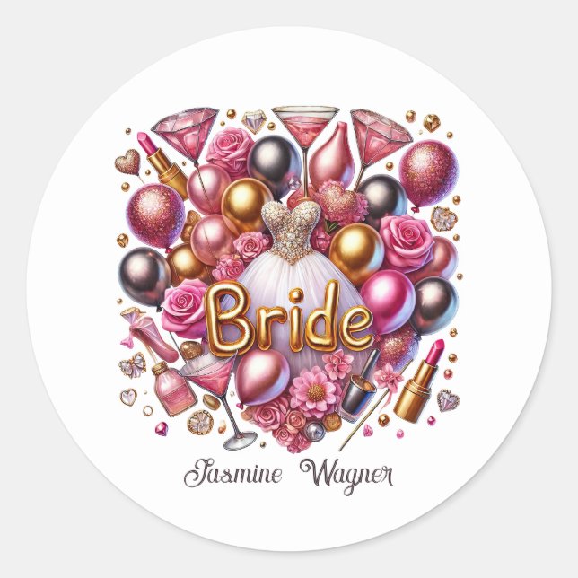 Bride add name Wedding Classic Round Sticker (Front)
