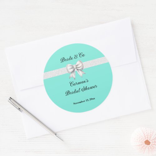 Bride and Co White Glitter Bow Bridal Shower Classic Round Sticker