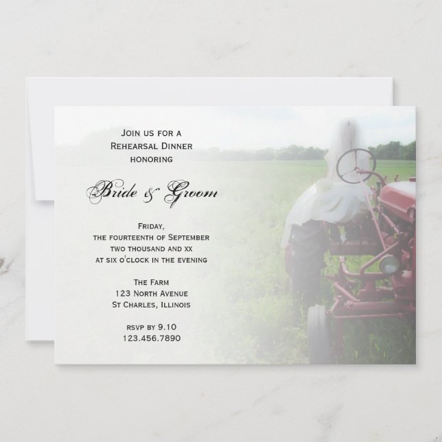 Bride and Farm Tractor Country Rehearsal Dinner Invitation (Front)