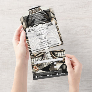 Bride and Groom Aloha Pineapple Tiki Head Wedding  All In One Invitation