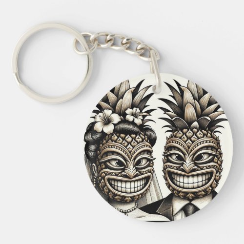 Bride and Groom Aloha Pineapple Tiki Head Wedding  Keychain