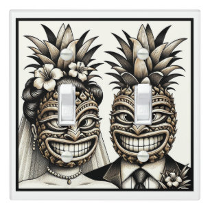 Bride and Groom Aloha Pineapple Tiki Head Wedding Light Switch Cover
