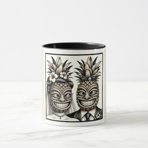 Bride and Groom Aloha Pineapple Tiki Head Wedding  Mug