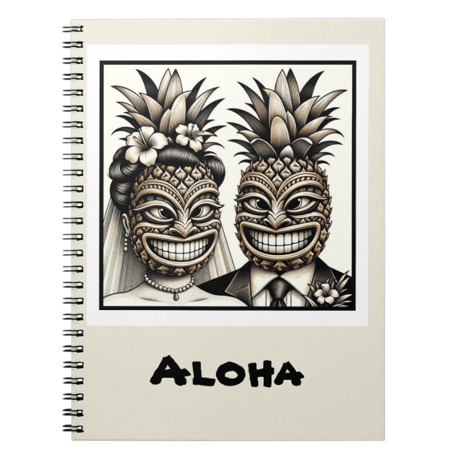 Bride and Groom Aloha Pineapple Tiki Head Wedding  Notebook (Front)