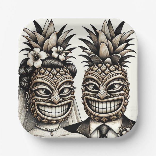Bride and Groom Aloha Pineapple Tiki Head Wedding  Paper Plates (Front)