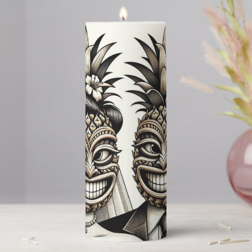 Bride and Groom Aloha Pineapple Tiki Head Wedding  Pillar Candle