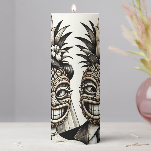 Bride and Groom Aloha Pineapple Tiki Head Wedding  Pillar Candle (In Situ)