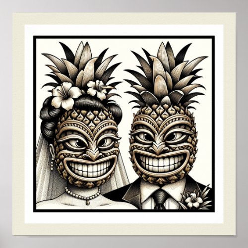 Bride and Groom Aloha Pineapple Tiki Head Wedding  Poster
