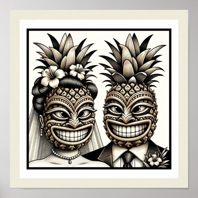 Bride and Groom Aloha Pineapple Tiki Head Wedding  Poster (Front)