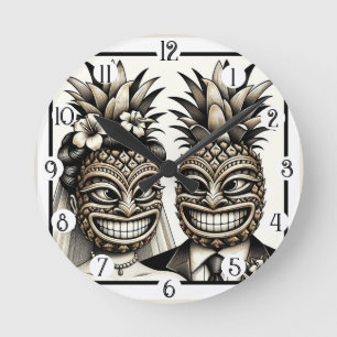 Bride and Groom Aloha Pineapple Tiki Head Wedding Round Clock