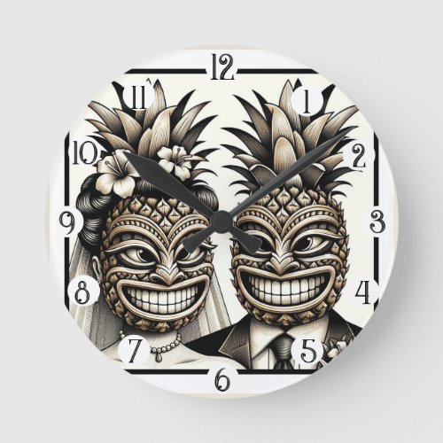 Bride and Groom Aloha Pineapple Tiki Head Wedding  Round Clock
