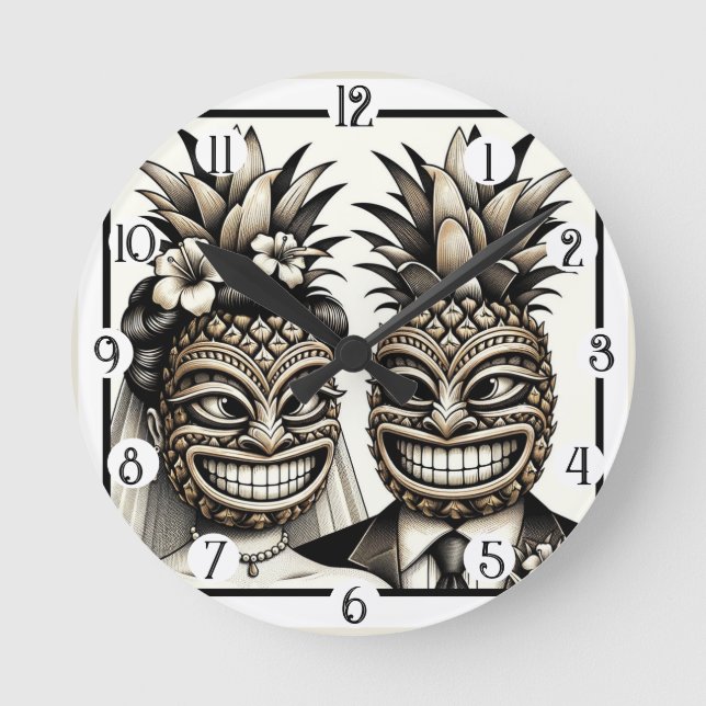 Bride and Groom Aloha Pineapple Tiki Head Wedding  Round Clock (Front)