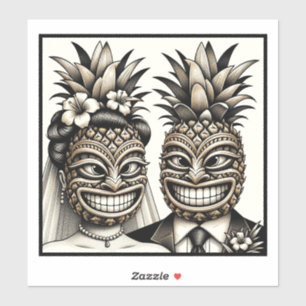 Bride and Groom Aloha Pineapple Tiki Head Wedding Sticker