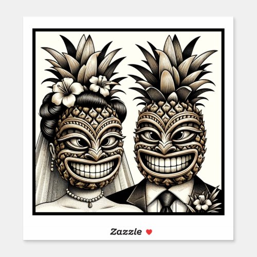 Bride and Groom Aloha Pineapple Tiki Head Wedding  Sticker