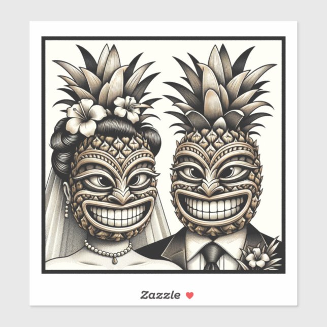 Bride and Groom Aloha Pineapple Tiki Head Wedding  Sticker (Sheet)