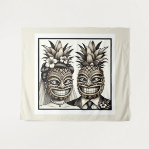 Bride and Groom Aloha Pineapple Tiki Head Wedding Tapestry