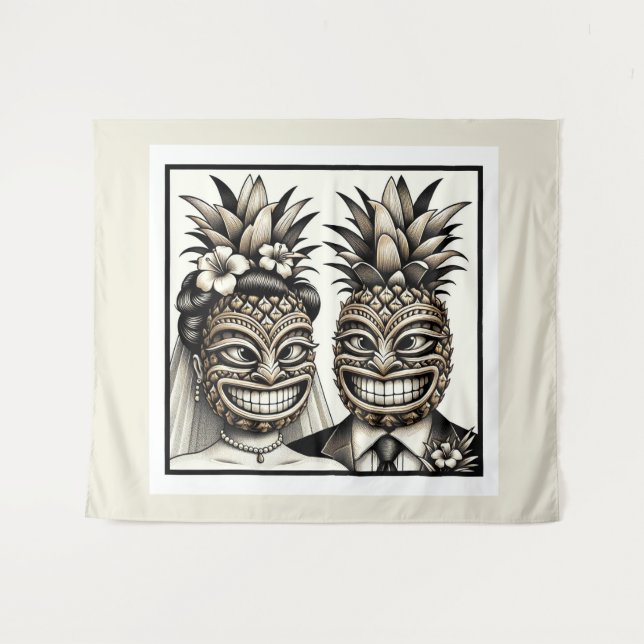 Bride and Groom Aloha Pineapple Tiki Head Wedding  Tapestry (Front (Horizontal))