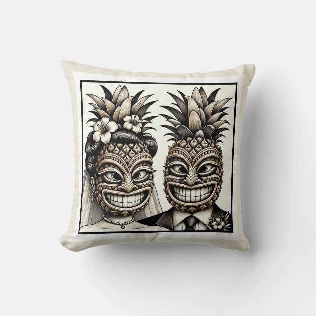 Bride and Groom Aloha Pineapple Tiki Head Wedding  Throw Pillow (Front)