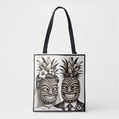Bride and Groom Aloha Pineapple Tiki Head Wedding  Tote Bag