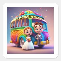 BRIDE AND GROOM AND THE RAINBOW BUS