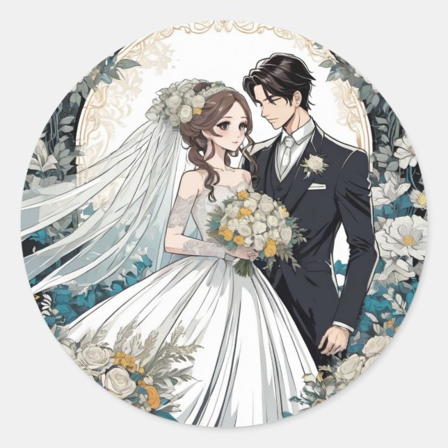 Bride and Groom Anime wedding Classic Round Sticker (Front)