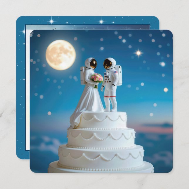 Bride and Groom Astronauts On a Wedding Cake Invitation (Front/Back)