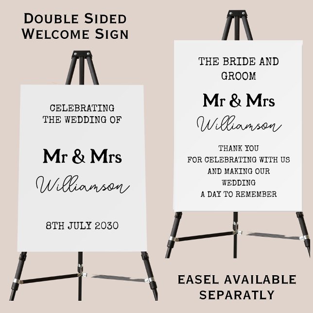 Bride And Groom Black And White Welcome Foam Board (Front And Back)