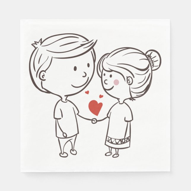Bride And Groom Cartoon Black And White Wedding Paper Napkins (Front)