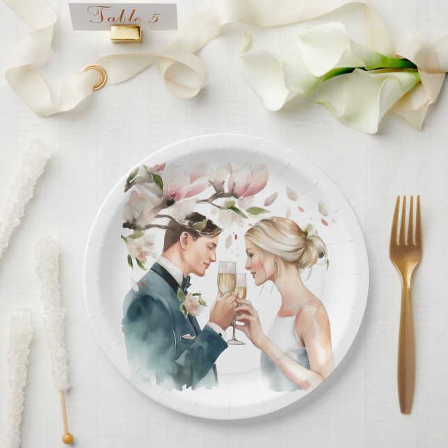 Bride and Groom Champagne Magnolias Paper Plates (Wedding)