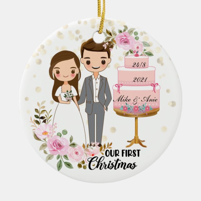 Bride and Groom Chibi Wedding Gift Keepsake Person Ceramic Ornament (Front)