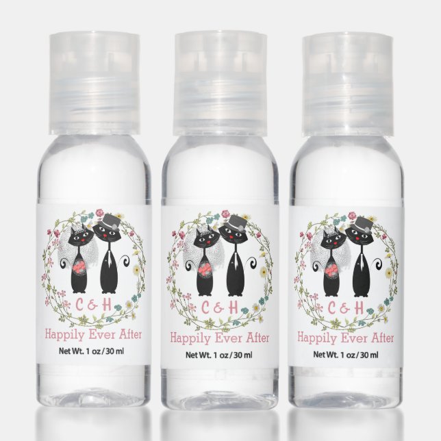 Bride And Groom Cute Cats Floral Wreath Hand Sanitizer (Set)